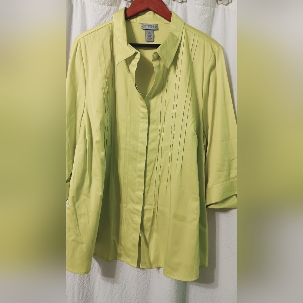 Maggie Barnes Lime Green Pintuck Button-Front Blouse